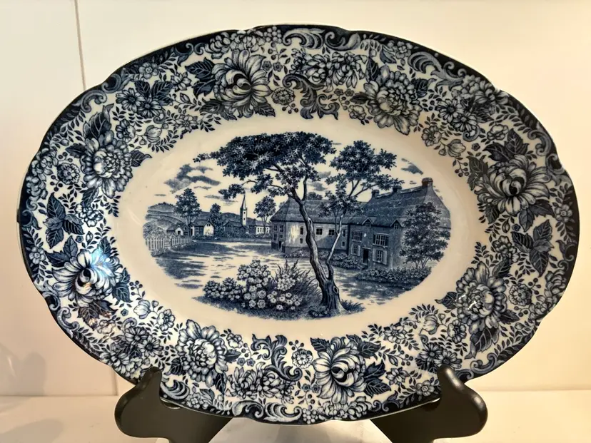 Vintage Blue And White English Home And Garden Scene Porcelain Platter