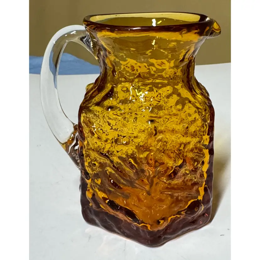 Pilgrim Glass Amber Rock Crystal Mini Pitcher hexagonal hand-blown 4.5” tall