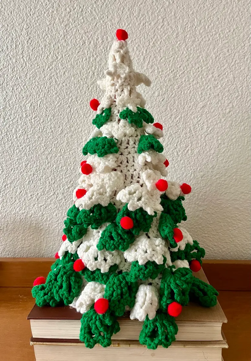 Vintage Handmade Completed Crochet Green White Christmas Tree Red Pom Pom Tabletop Holiday Decor 15”, Fiber Arts