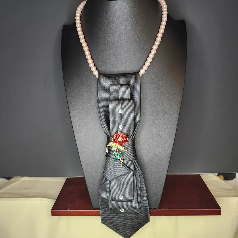 Upcycled Tie withVintage Rose Brooch & Pearl Necklace Set