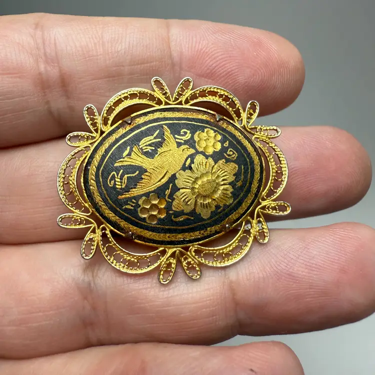 Vintage Damascene Bird Floral Brooch Pin Gold Tone Filigree Oval Trombone Clasp