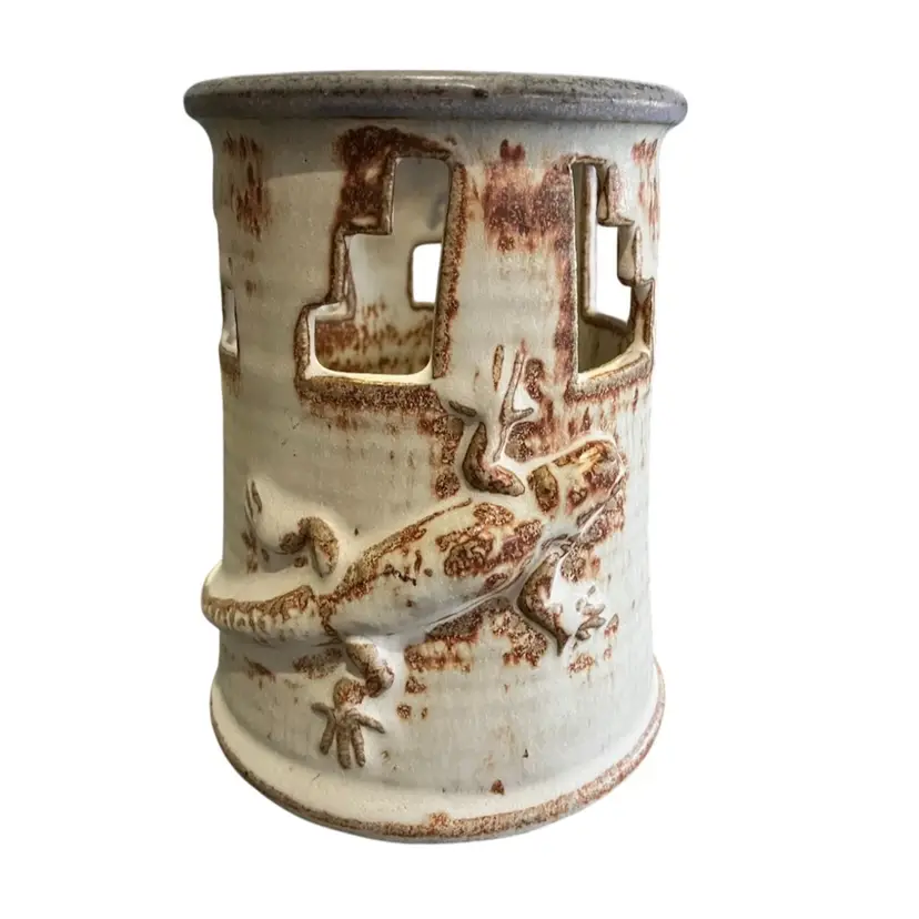 6” Signed Studio Pottery Candle Holder With Lizard