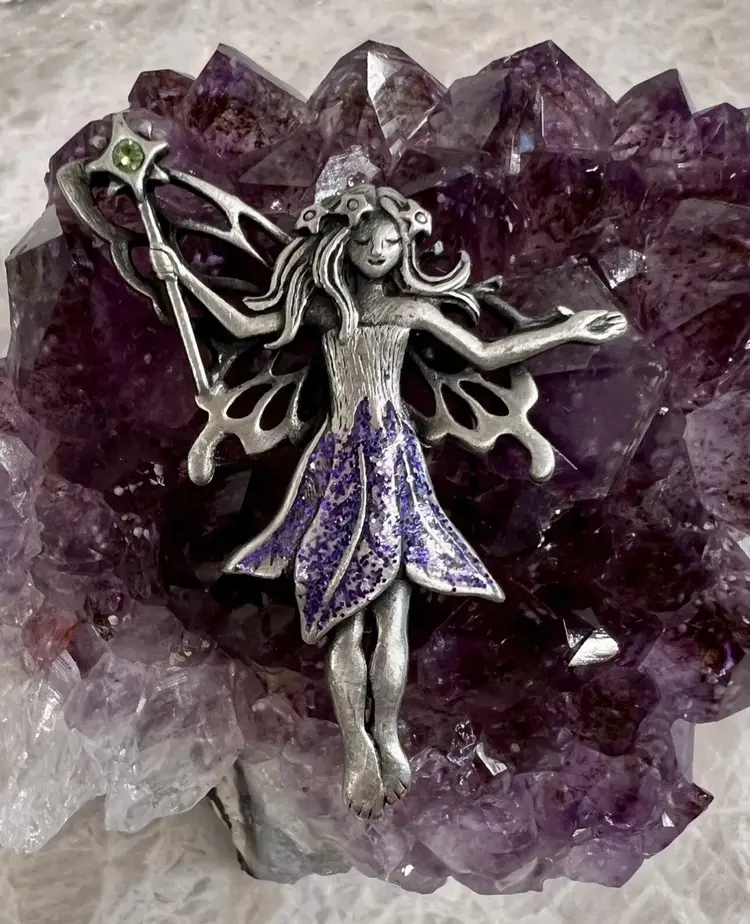 Vintage JJ Jonette Jewelry Figural Purple Glitter Pewter Fairy Pin Brooch F-30