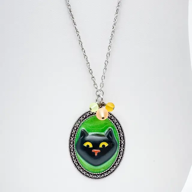 Halloween Black Cat Pendant Necklace Handmade B25