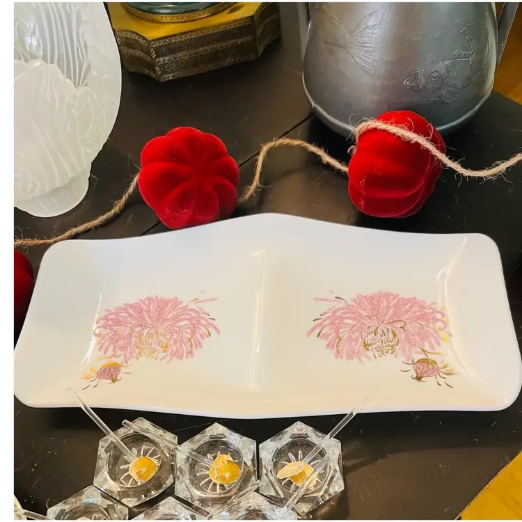 Vintage Porcelain Serving Wavy Dish Pink Flower Relief 11.25”