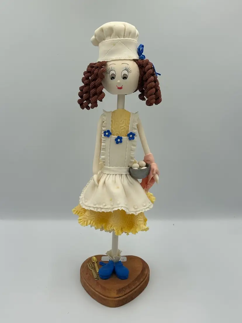 Vintage Handmade Delicate Clay Curly Haired Girl Kitchen Chef Figurine
