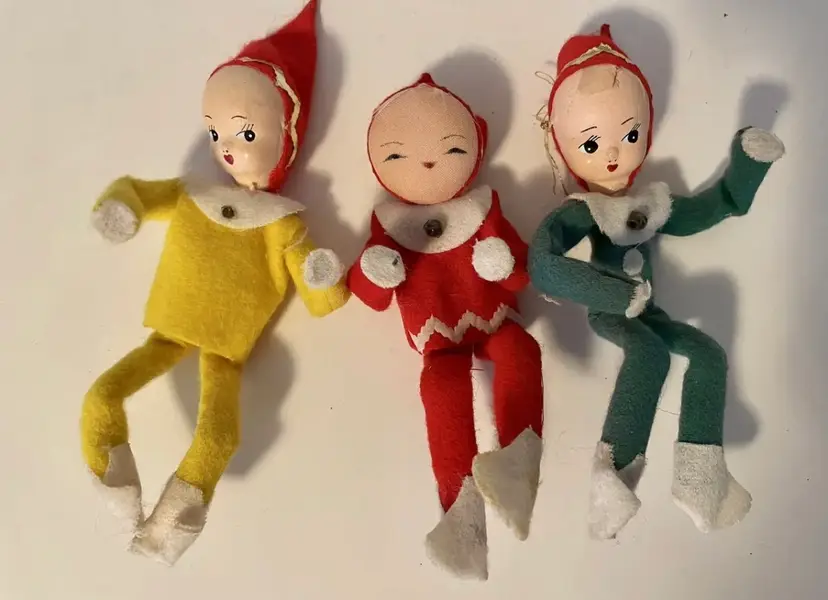 3 Vintage Elf Pixies Ornaments Felt, Wire Bodies, Composite & Fabric Heads