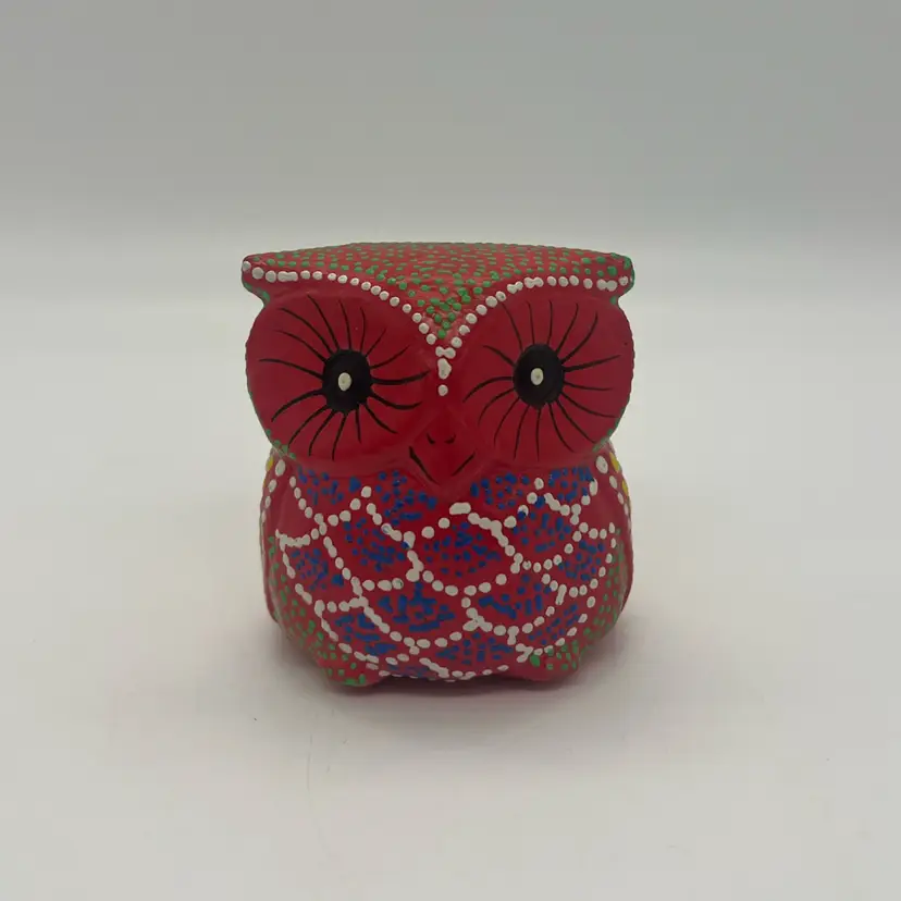 Carved Wood Hand Painted Owl Figurine Bali Orange 3”
