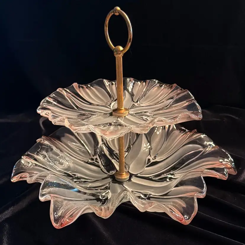 Stunning Vintage Mikasa 2 Tier Frosted Pink Tulip Glass Serving Appetizer Tray ~10" Tall