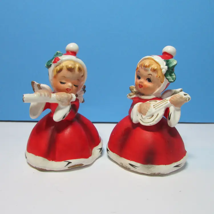 REPAIRED set of 2 vintage Napco ware angels flue and lute girls figurines Christmas decor