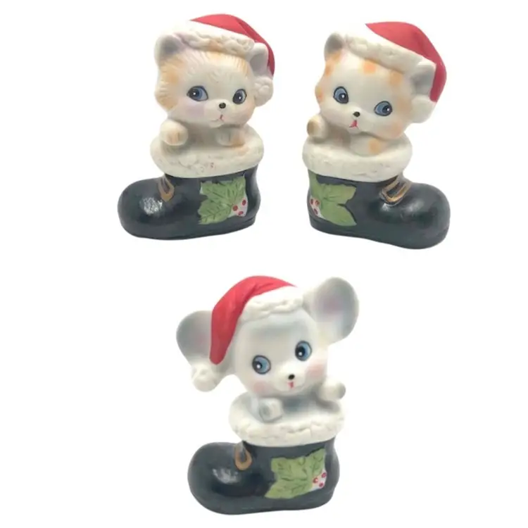 3pc SANTA BOOT CATS & DOG CHRISTMAS FIGURINES By HOMCO