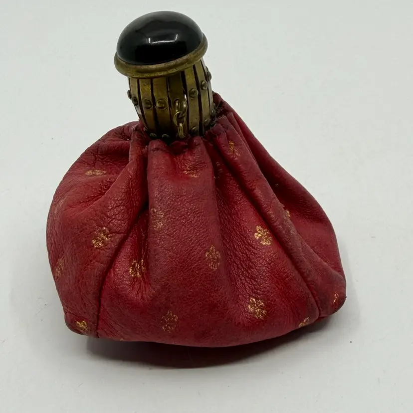Antique Italian Red Leather Small Purse/Brass Clasp And Black Stone Top