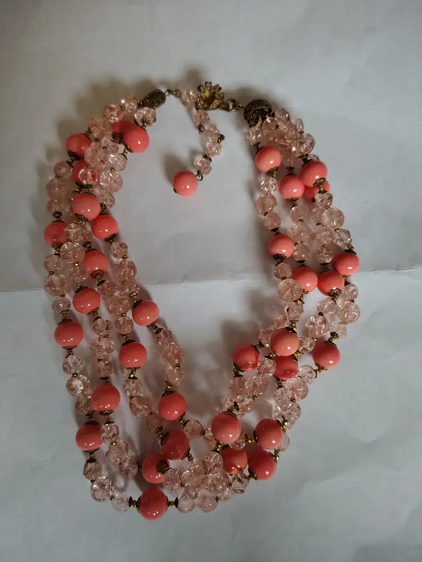 Vintage Miriam Haskell, Frank Hess Design, Signed, Rare 4-Strand Coral-Colored Glass Bead & Poured Art Glass Baroque Bead Necklace