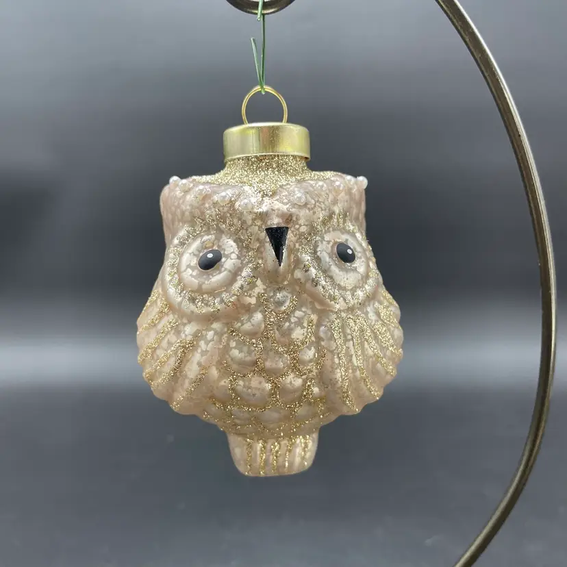 Glass Owl Bird with Faux Pearl Accents Hanging Christmas Ornament Holiday Decor