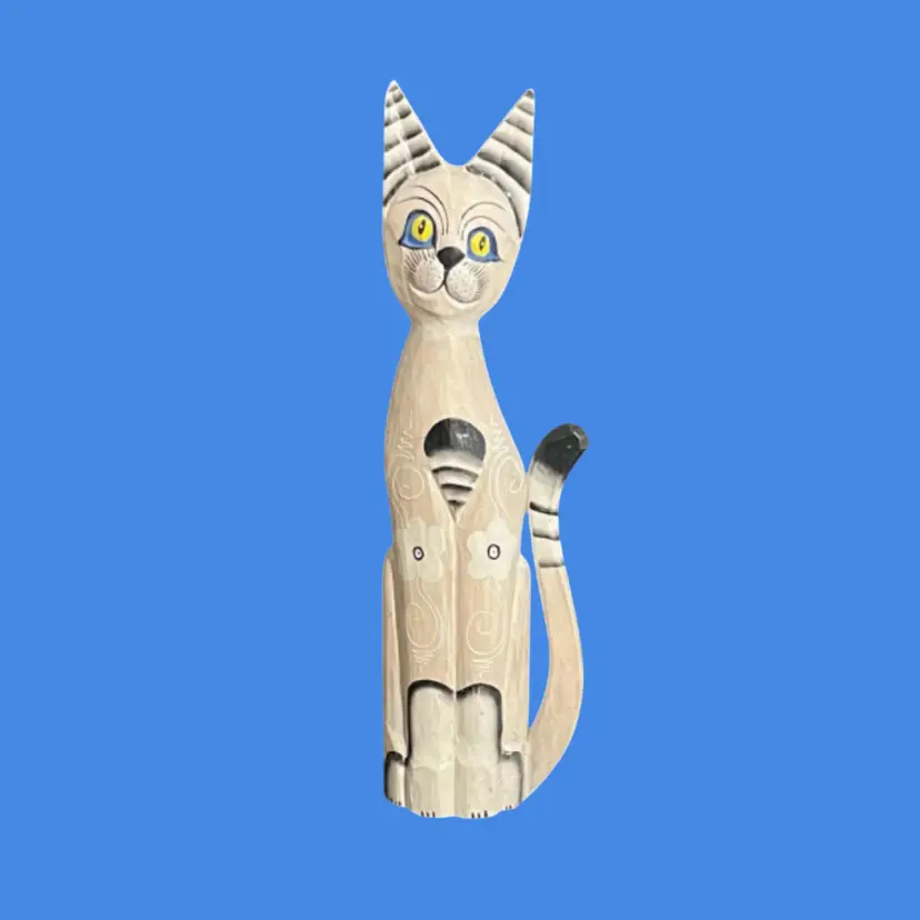 Cat Figure Statue 20” Folk Art Hand Carved And Painted Wood Jamaica