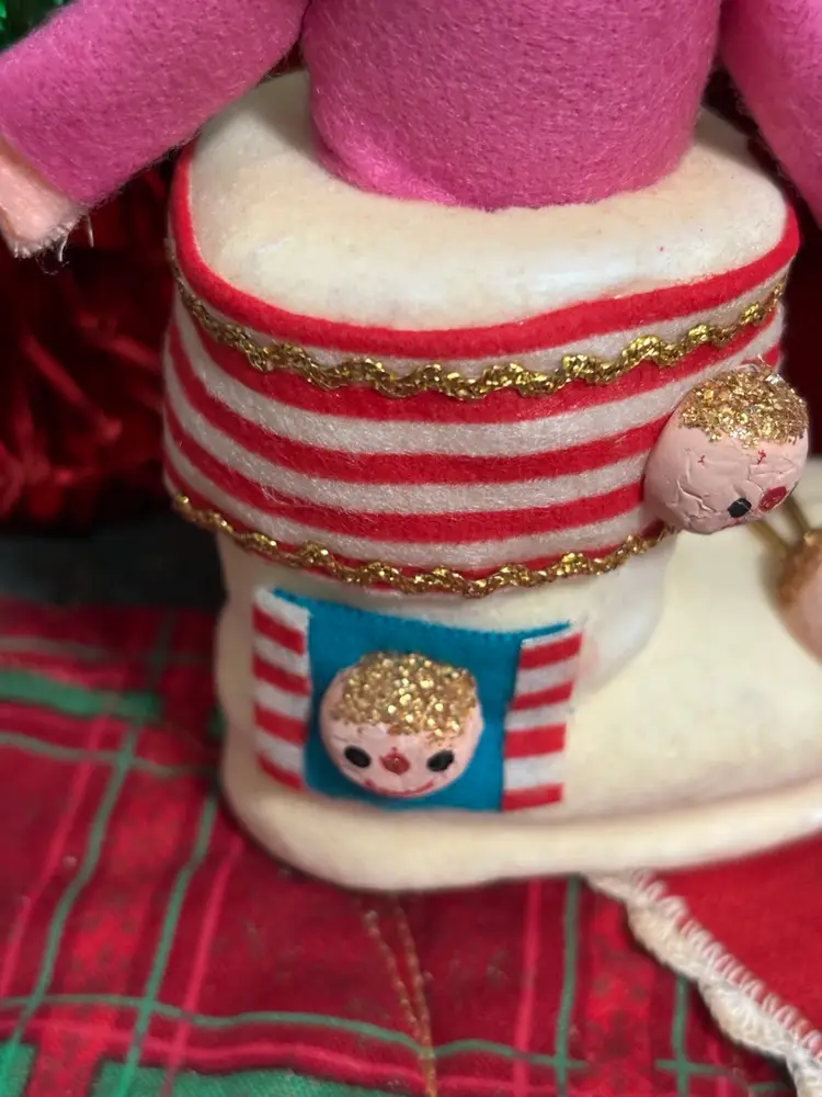 Vtg Styrofoam & Felt Pink Girl In Boot With Cute Faces