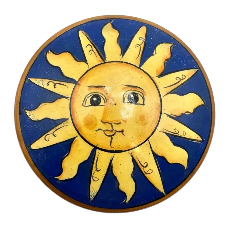 Vintage Hand Turned Wood Trinket Box Sunburst Sun Face Boho Celestial Round 3.5”