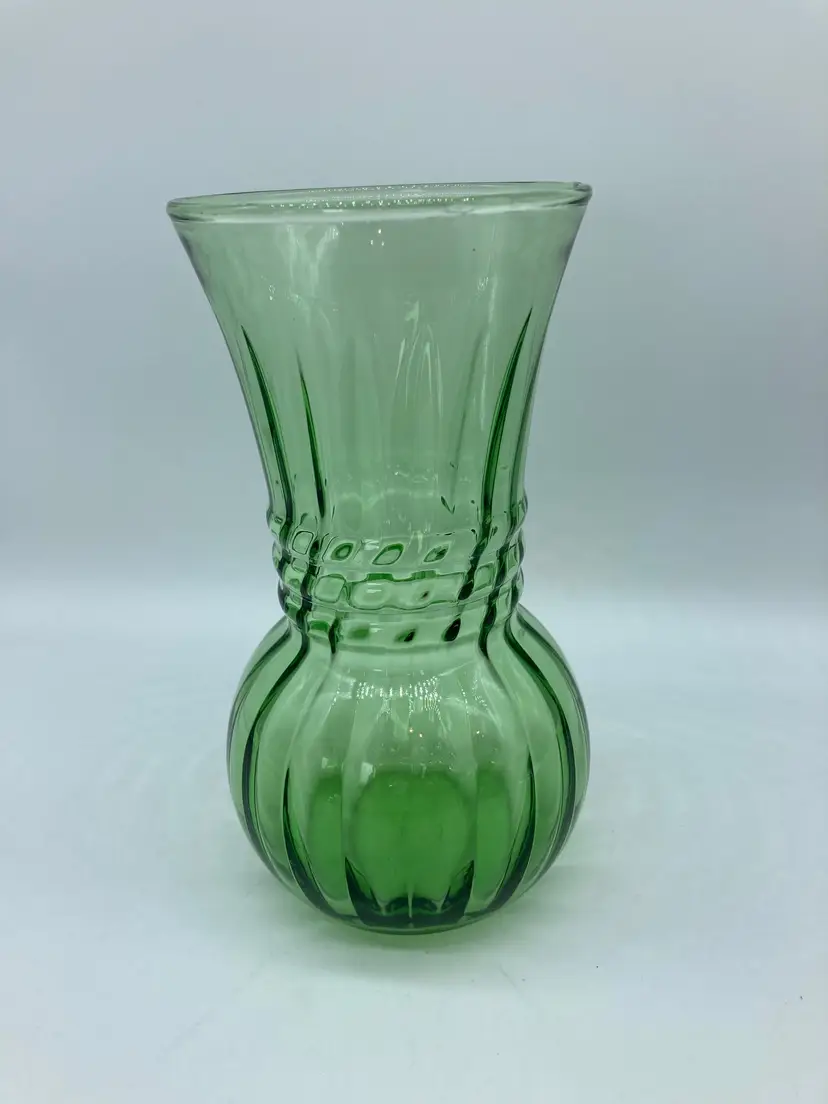 Anchor Hocking Vintage Green Glass Vase Ribbed Swirl Rope 6.5" USA Made