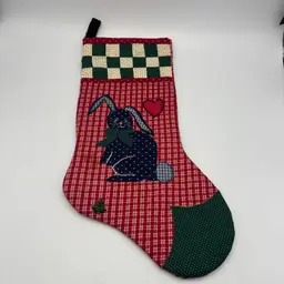 Vintage Christmas Stocking Quilted Patchwork Blue Rabbit Heart Applique