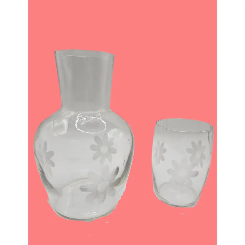 #01 - Vintage Tumble Up Bedside Carafe & Tumbler, 7.5" tall, Etched Daisies