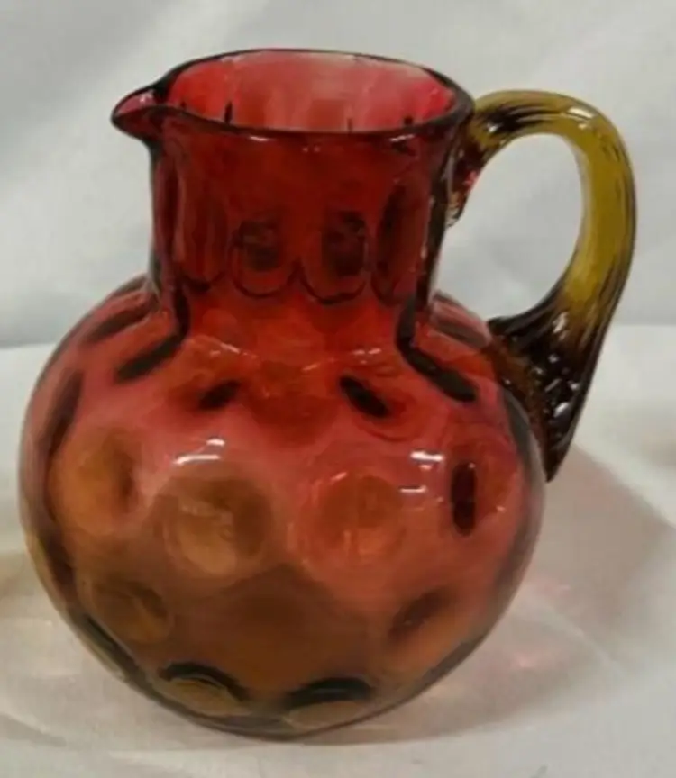 Antique Amberina Glass Inverted Thumbprint Pattern Pitcher (4.5” Tall)