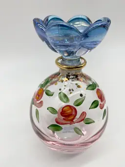 Royal Limited Lead Crystal Perfume Bottle Blue Flower Roses Hand Painted Italy