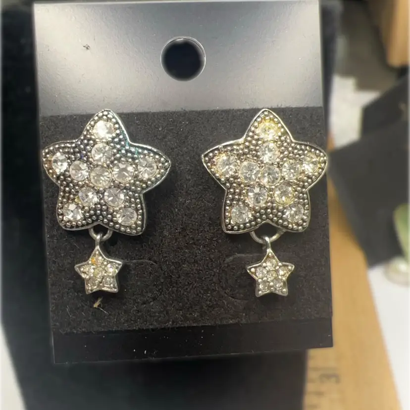 Sterling Silver 925 Star W/ Rhinestone Pierced Earrings ( Matches Bracelet)