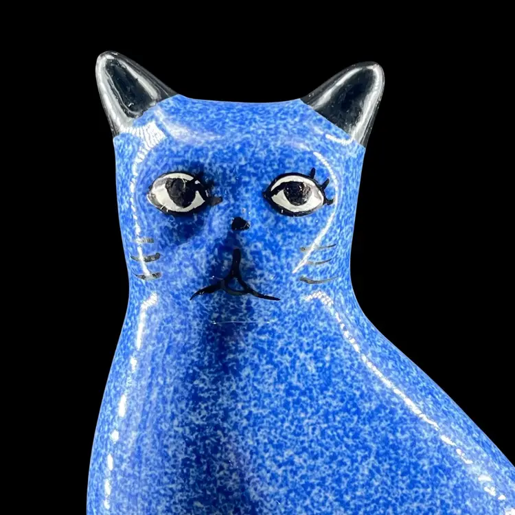 Vintage Cat Figurine Blue Sponge Ware/ Speckled Paint Pattern & Hand Painted Facial Features