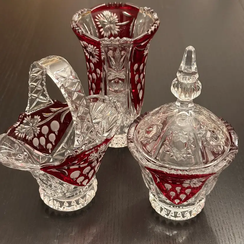 Vintage Anna Hütte Bleikristall 24% Lead Crystal Set - Ruby Red Flash Basket, Vase, and Lidded Candy Dish