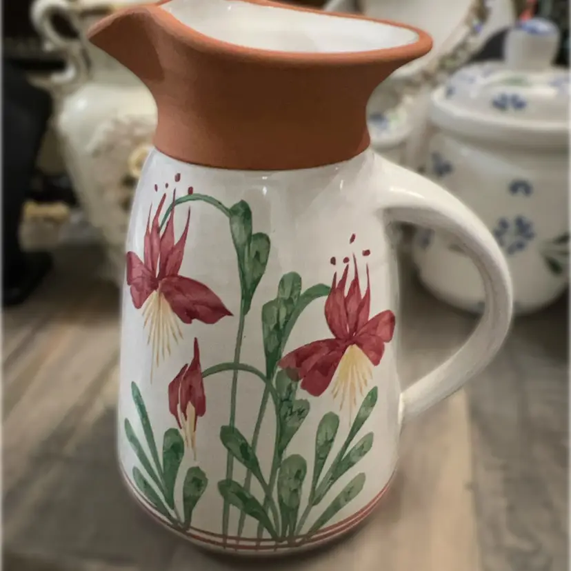 Vintage Emerson Creek Pottery pitcher with hand-painted floral designs.7.5” x 4.5” Wide
