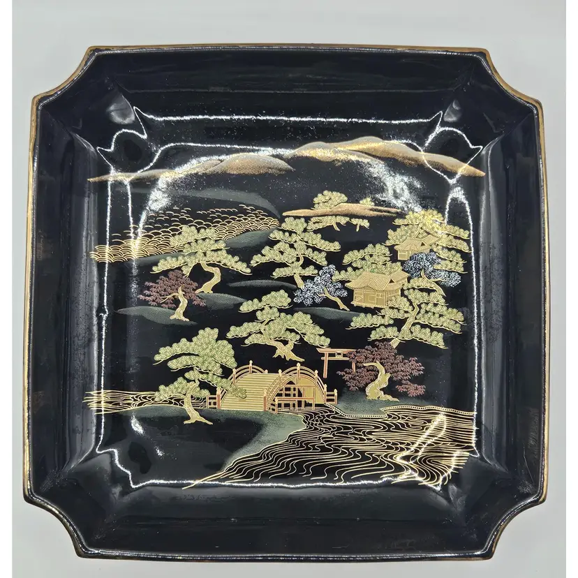 #01 - Vintage Black Otagiri Square Plate/Tray, Handmade in Japan, Japanese Garden and Bridge Decorated