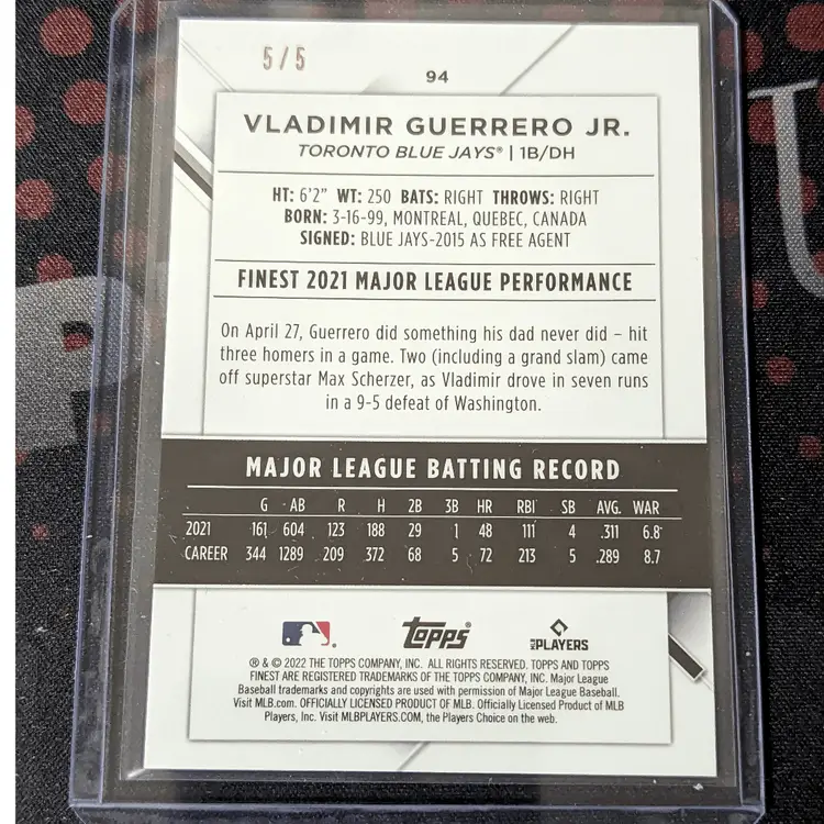 2022 Topps Finest Red Refractor Vladimir Guerrero Jr.  5/5 - Toronto Blue Jays c-56