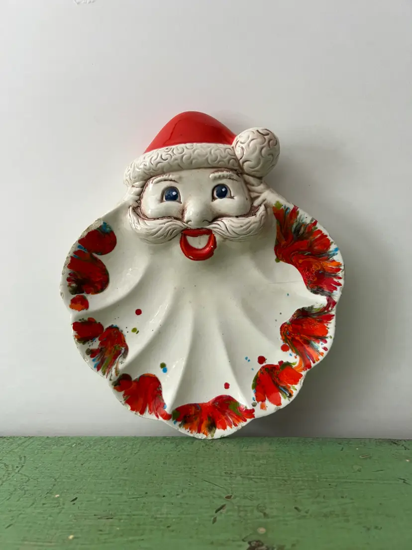 Retro Santa Candy Dish. Hand Painted Ceramic 1960s Vintage Christmas