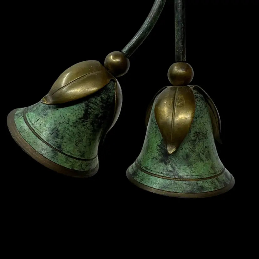 Pair of vintage brass table bells with green patina. 6”