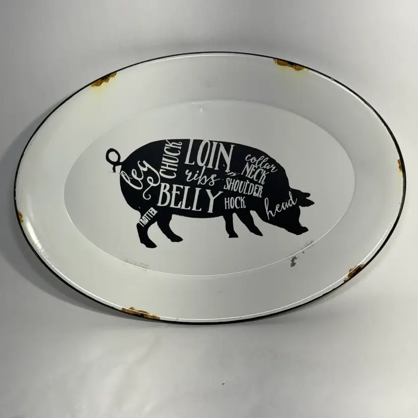 Enamel Rustic Pig Meat Tray Farmhouse Platter Or Wall Art 14” X 10”