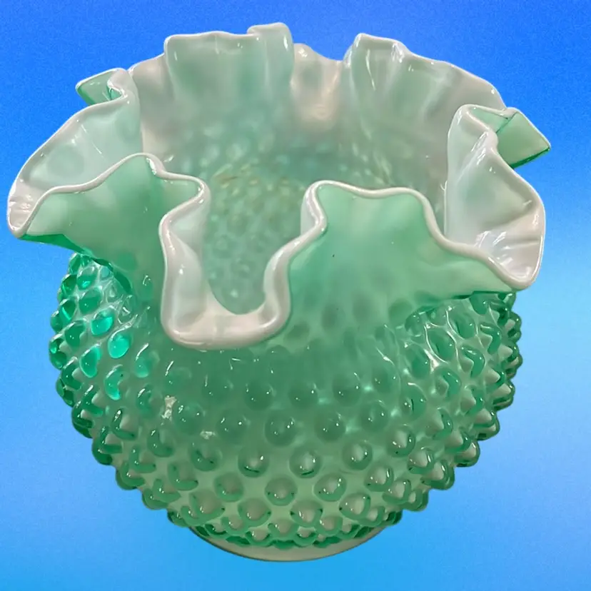 Vintage Fenton Ruffled Edge Encased Hobnail Glass Green Apple Rose Bowl Uranium Glows Hard To Find !!!! Perfect Condition!