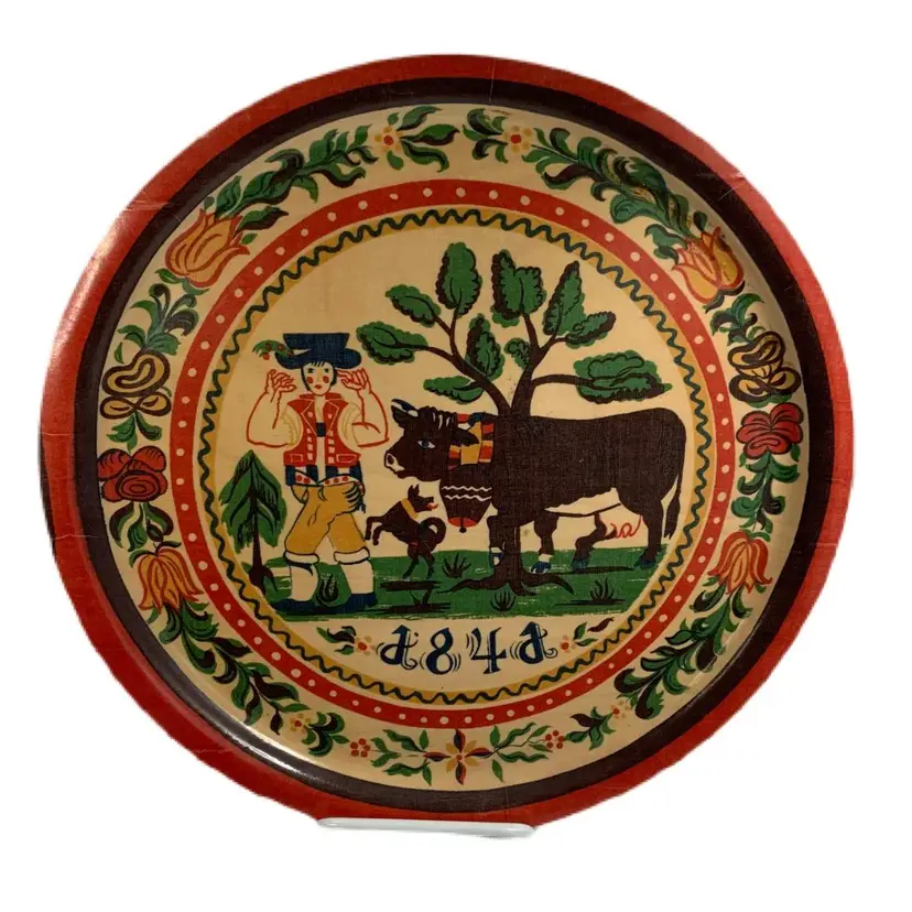 Platex Wood Round Serving Tray Swiss Cow Tree Made Ste Croix No 300 Vintage
