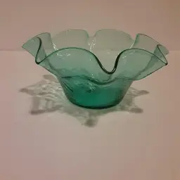 Blue Green Blenko Crackle Glass Handkerchief Bowl, Handblown