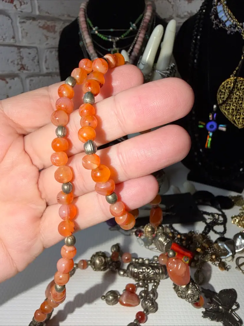 15”Carnelian Bead Necklace Silver Tone