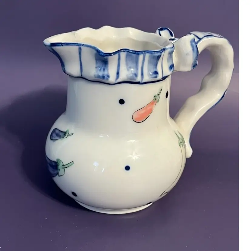 Unique Hand Painted Ceramic Creamer With Ruffled Bow Handle and Top Edge
