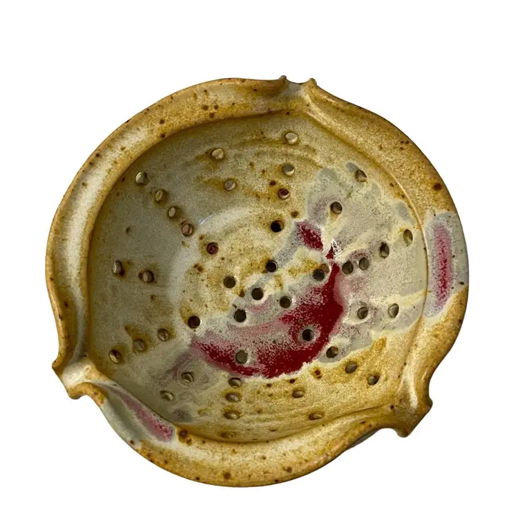 Ayer’s Pottery Glazed Stoneware Footed Berry Bowl Colander Strainer with Plate Signed 
Plate 7-3/4” Bowl 6-1/2” x 3-1/2”