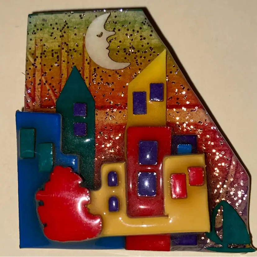 Lucinda House Pin - Ombré Gold Glitter Sky … Downtown Cityscape Using All The Beautiful Primary Colors ~ Sleeping Crescent Moon ~ Even A Hidden Green SAIL BOAT At Bottom