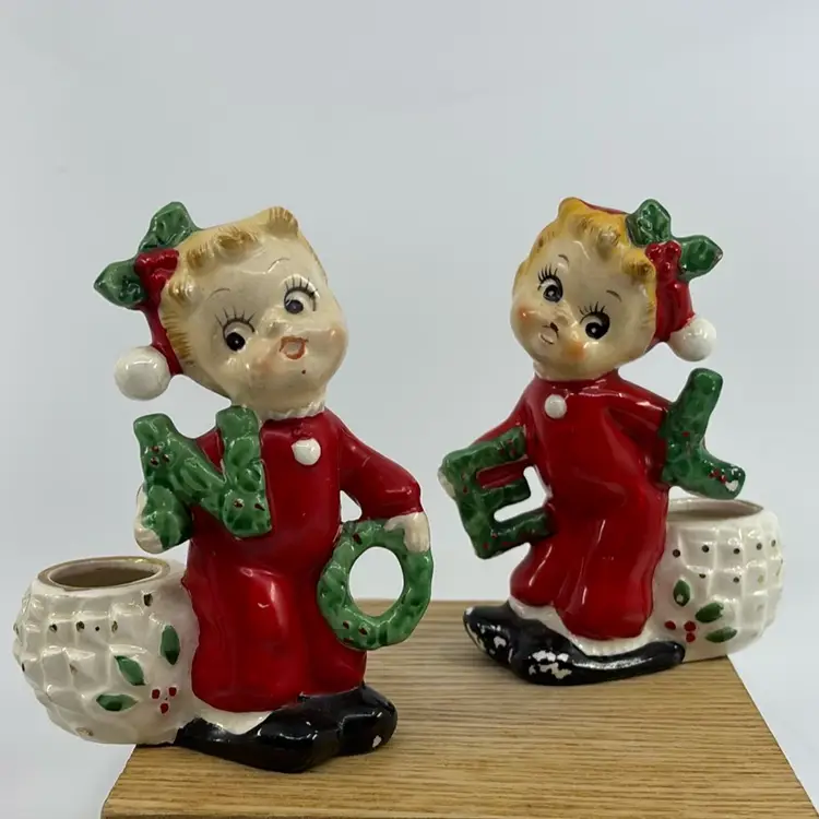 Commodore Japan NOEL Red Pajama Girl Candle Holders 4.5”