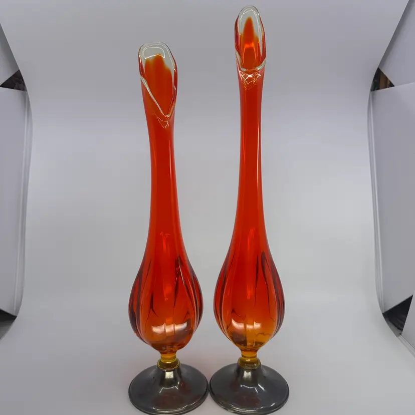 HARD TO FIND Viking Persimmon Amberina Swung Vases With Sterling Bases Set/2
