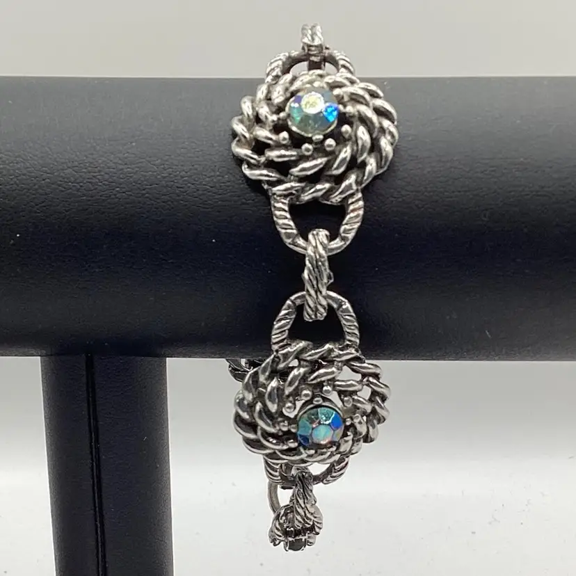 #04 My 1st Show Silver Tone AB Glass Rhinestone 7” Bracelet With Twisted Rope Medallions