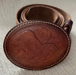 True Vintage Hand Tooled American Eagle Leather Wrapped Buckle Belt  Sz 36-38