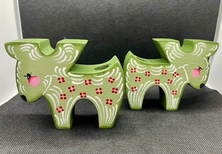 Scandinavian folk art hand painted green wooden reindeer Christmas candle holders