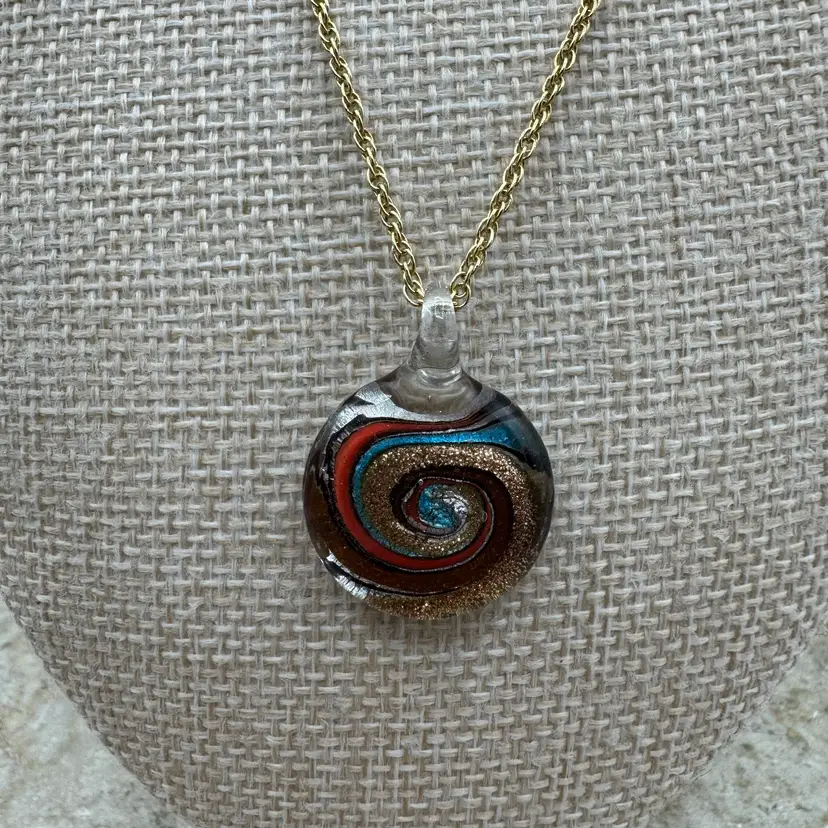 Dainty Art Glass Pendant Gold Tone Necklace