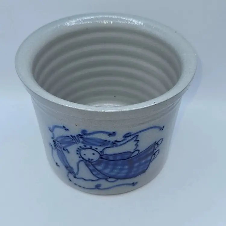 1999 DAVID ELDRETH Salt Glaze Blue Angel Art Pottery Crock • Nottingham PA 4.5"H
