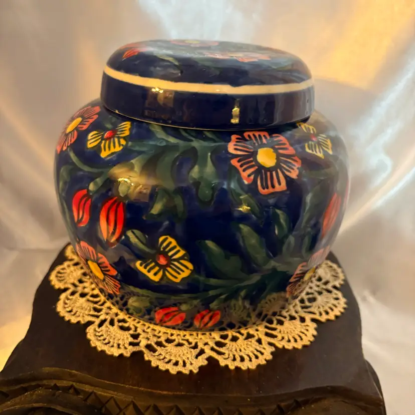 Vintage Cobalt blue and floral ginger jar beautiful